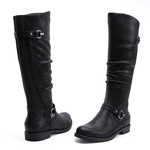 EETTARO Women's Mid Calf Boots Elastic Low Heel Knee High Boot Fashion Side Zip Buckles Winter Boots