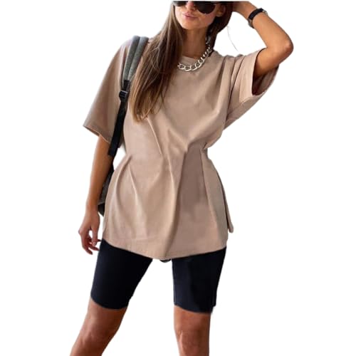 Glamaker Women 2 Piece Outfit sets Casual Oversized T-Shirt Tops Biker Shorts Workout Sport s Tracksuit (Small, Khaki-Black) - Thumbnail 2