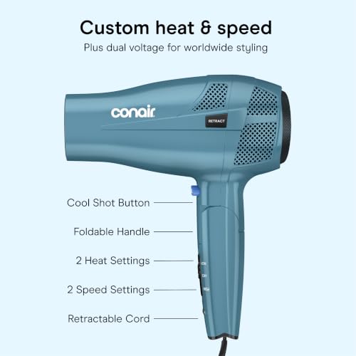 Conair Travel Hair Dryer, Dual Voltage, Folding Handle, 1875W, Blue | Travel blow dryer for at home and on the go, 1.75-lb. design with dual-voltage compatibility and a retractable 5-foot cord - image 4