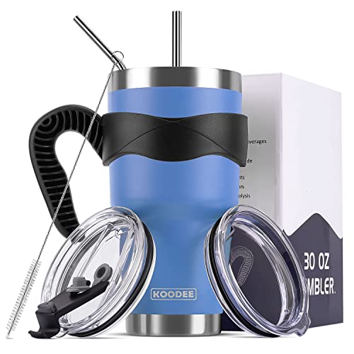 koodee Tumbler with Lid and Straw, 30 oz Stainless Steel Vacuum Insulated Travel Coffee Tumbler With Handle, 2 Straws, Brush (30 oz, Royal Blue)