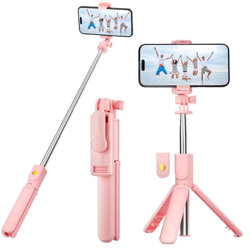 Aourxiv Pink Selfie Stick Tripod with Wireless Remote Control Live Streaming and Video Recording Compatible with Android iPhone and More