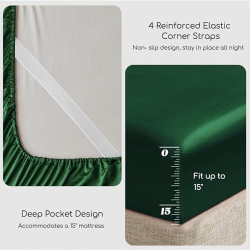 MR&HM Satin Bed Sheets, Queen Size Sheets Set, 4 Pcs Silky Bedding Set with 15 Inches Deep Pocket for Mattress (Queen, Dark Green) by MR&HM - Image 4