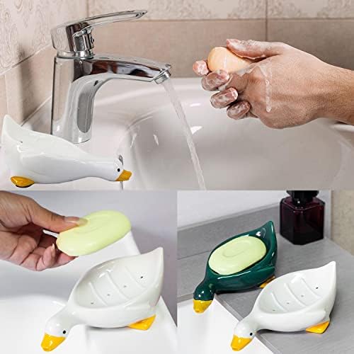 Ceramic Cute Duck Soap Dish, Self Draining Soap Holder for Shower Bathroom Bathtub Kitchen Sink Ceramic Tray Holder