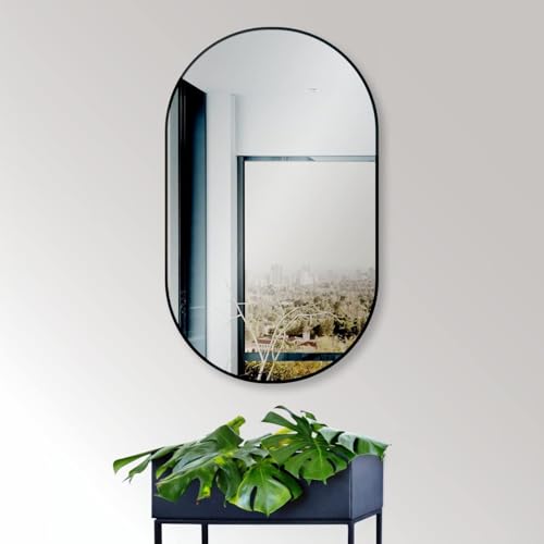HOKO® Specchio da parete di design, ovale, 60 x 100 cm, con cornice in metallo nero opaco, montaggio alto e in orizzontale, ideale per bagno, corridoio, camera da letto, specchio di design con cornice