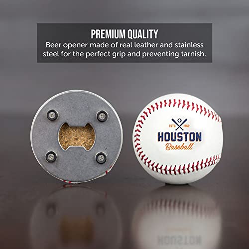 Houston Bottle Opener, Beer Bottle Opener Made from Real Baseball's Leather, Magnetic Bottle Opener & Cap Catcher - Cool Gadget for Teens & Present for Men