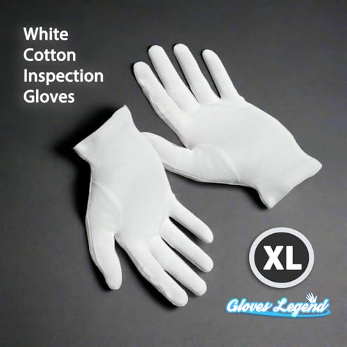 Gloves Legend 6 Pairs (12 Gloves) - Size XL 100% Cotton White Gloves For Work Safety Jewelry Coin Art Handling Inspection For Men