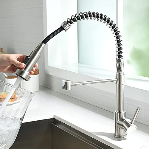 Kitchen Faucet, Kitchen Faucets with Pull Down Sprayer Sus304 Stainless Steel Industrial Single Handle One Hole Faucet for Farmhouse Camper Laundry Utility Rv Wet Bar Sinks Bushed Nickel 866082SN - Thumbnail 7