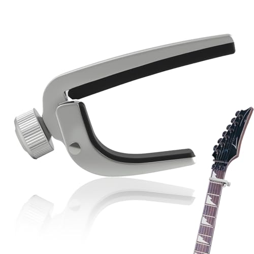 Guitar Capo, Acoustic Guitar Capo Adjustable with Micro Tension Knob for Electric 6 and 12 String Metal Zinc Alloy Clamp for Ukulele Banjo Mandolin Bass One Hand Quick Change with Silicone Pads Silver