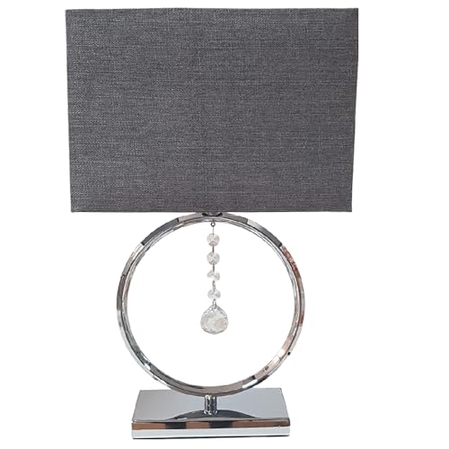 Britalia Table Lamp, Polished Chrome with Crystal Droplets, Grey Cotton Shade, 44cm Height