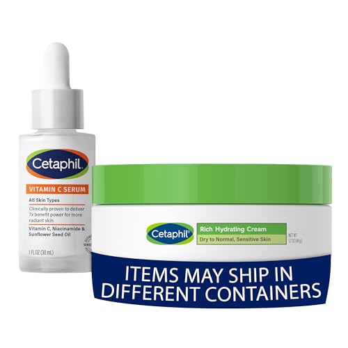Cetaphil Vitamin C Serum, Fragrance Free, 1oz + Rich Hydrating Night Cream For Face, With Hyaluronic Acid, 1.7 oz, Moisturizing Cream For Dry To Very Dry Skin, No Added Fragrance, Bundle