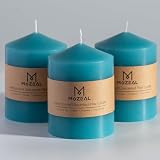 MOZEAL 3' x 4' Hand-Poured Unscented Turquoise Pillar Candles,Dripless Candles Set of 3,Smokeless,Clean Burning,Approx 60 Hours Burn Time,Wedding,Dinner and Home Decor（3 Inch Width Series） Teal