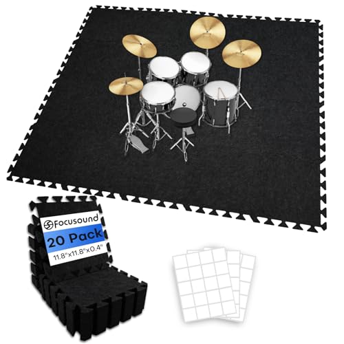 Focusound 20Pcs Sound Absorbing Interlocking Drum Rug, 11.8 x 11.8 x 0.4 inches High Density Soundproof Floor Mats, Non-Slip Anti Vibration Piano Carpet Drum Mat for Music Studio, Black