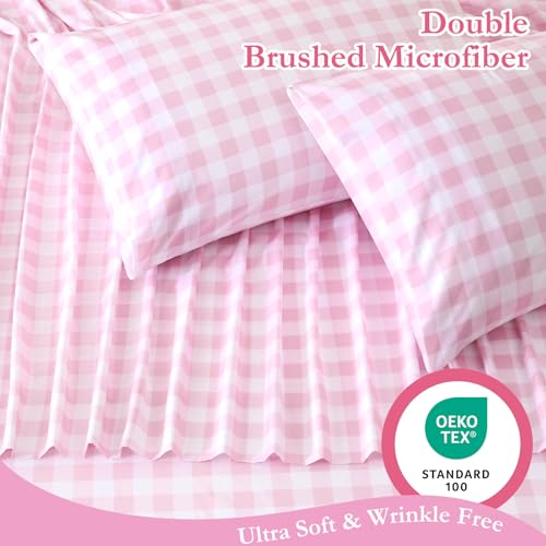 MICORAL Queen Sheet Set Pink Gingham Plaid, 4-Piece Brushed Microfiber Cute Grid Bed Sheets, 16" Deep Pocket, Ultra Soft & Cooling Sheet, Oeko-TEX Certified, Light Pink by MICORAL - Used condition - Image 3