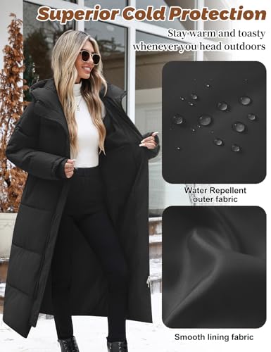 Vancavoo Wintermäntel Damen Lang Winterjacke Winter Daunenmantel Warm Steppmantel Jacke Mäntel Winterparka Daunenjacke mit Kapuze,Schwarz,L