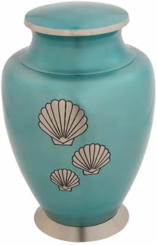 Custom Engraved Shells of The Sea Brass Cremation Urn for Ashes, Blue Urn, Adult Sized Cremation Urn, 10 Inches High