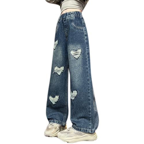 Girls Heart Embroidered Jeans Elastic Waist Wide Leg Pants Kids Oversized Denim Pants with Pockets 4-15 Years