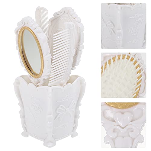 Lurrose Vintage Handheld Mirror Comb Set, 5Pcs Vanity Makeup Mirror Hair Brushes Comb Set Detangling Hair Brush Rat Tail Comb With Comb Holder ( White ) #TOP6