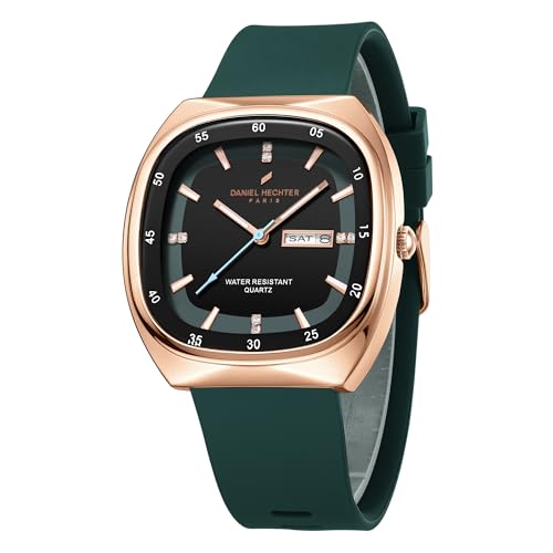 Image of Daniel Hechter Paris Bercy Collection Analog Quartz Watch for Men with Black & Green Square Dial, Day-Date Display, Crystal Hour Markers and Green Silicone Strap - DHM1053-03S