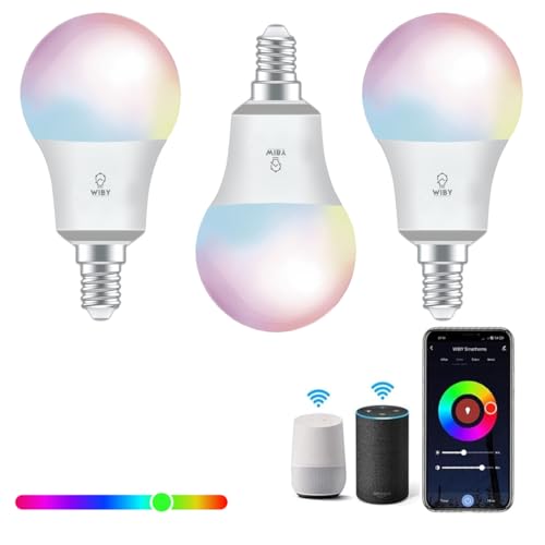 Wiby Lampadina LED Smart, Attacco E14, 8W RGBWW, Dimmerabile 2700K/6500K, 806lm, Compatibile con Alexa & Google Home, Controllo App, Wi-Fi 2,4 GHz, 3 unità