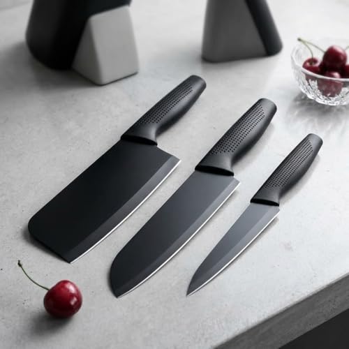 ERBIL Kitchen Knife Set, 3-Piece, High Carbon Stainless Steel, Chef Utility Santoku Knives with Ergonomic (Black)