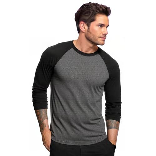 COUVER Men's Long Sleeve Crew Neck Baseball Shirt, Casual Dynamic Cotton Raglan T Shirts, Black/Charcoal Gray M, 1 Pack