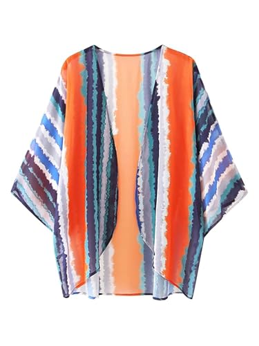 Image of Chunoy Women Summer Tie Dye Striped Open Front Beach Tops Chiffon Kimono Cover Up Lightweight Cardigan X-Large