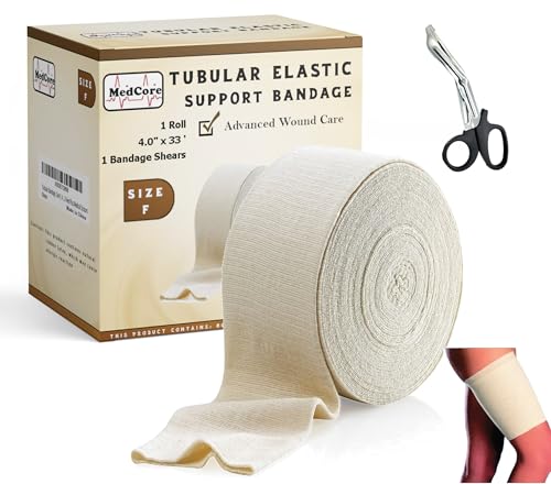 premium elastic tubular bandage stockinette size f 434 inches x 33 feet reusable elastic compression sleeve wraps - plus one pair of medical scissors