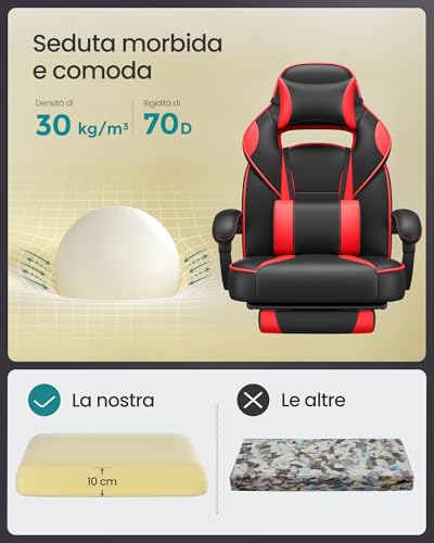 Sedia da Ufficio, Poltrona Racing Ergonomica, Poggiapiedi Telescopico, Schienale Inclinabile, Poggiatesta e Supporto Lombare, Portante di 150 kg, Nero Inchiostro e Rosso Fragola OBG73BRV1 - Sedia gaming - Immagine 6