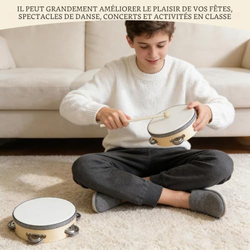 2 Pièces Tambourin 6 Pouces et 8 Pouces,Tambourins Bois,Tambourin Main Instrument pour Cours de Musique Fête Mariage (Rouge,8 pouces + 6 pouces) – vue 6