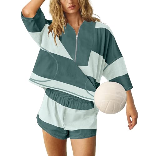 NSICBMNO Green 2 Piece Outfits Women Summer Lounge Sets Shorts Co Ord Sets Striped Tracksuit Half Zip Sweatshirt Oversized T Shirts Gym Shorts Travel Outfit Airport Set For Tennis Yoga Casual Beach - Image 7