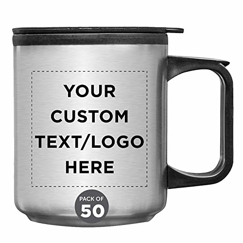 Custom Stainless Steel Coffee Travel Mugs: Personalize Your Daily Brew 10 DISCOUNT PROMOS Custom Stainless Steel Travel Mugs with Handle 12 oz. Set of 50, Personalized Bulk Pack - Perfect for Coffee, Soda, Other Hot & Cold Beverages - Stainless Steel