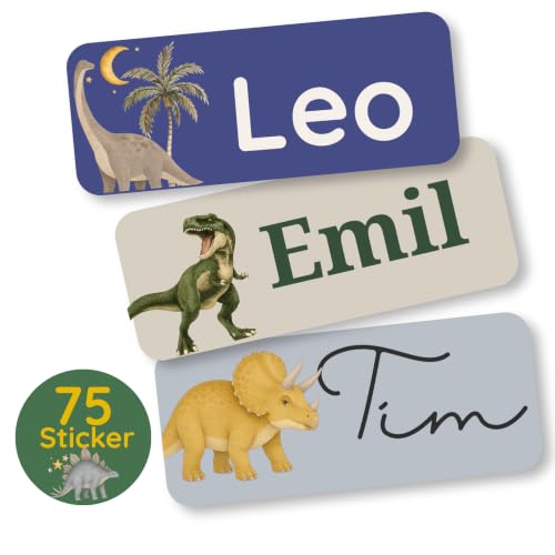 Petite Print® Namensaufkleber für Kleidung & Gegenstände – (75 Stück) personalisierte Namensetiketten für Kinder, waschmaschinenfest & wasserfest, Schule & Kita (Dino Trex)
