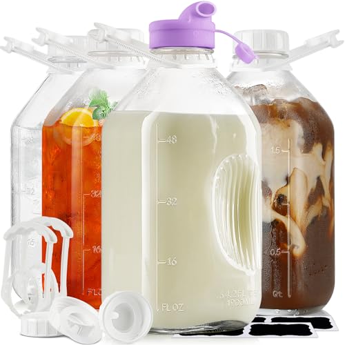4 Pack 64 Oz Heavy Duty Glass Milk Bottle with Screw Cap and Reus...