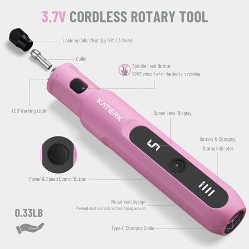 Katerk Mini Cordless Rotary Tool, 5-Speed Rotary Tool Kit, 5000-20000RPM & 70 Accessories, Multi-Purpose 3.7V Power Rotary Tool for Sanding, Engraving, Polishing, Drilling, 3D Printing, DIY Crafts by Katerk - Image 7