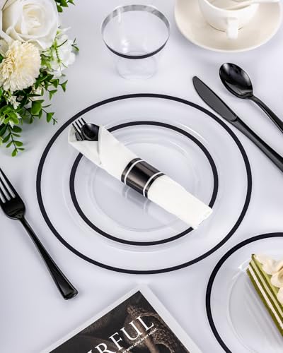 350Pcs Clear & Black Plastic Plates for Party, Disposable Dinnerware