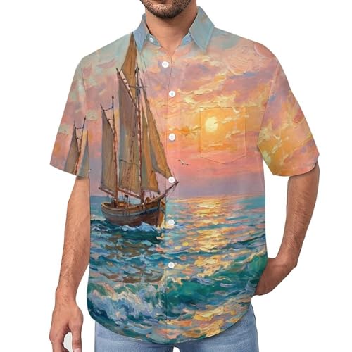 MULERN Camicia Hawaiana Uomo Maniche Corte, Stampa 3D Dipinti Ad Olio di Barche A Vela Paesaggi in Mare., Casual Button Down Camicia Estiva Spiaggia Vacanze