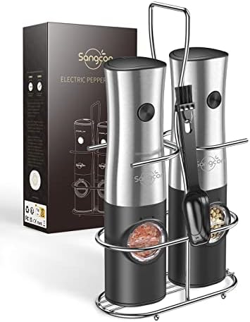 Sangcon Electric Salt and Pepper Grinder Set, Automatic Pepper Mills with LED Light, Battery Powered Salt and Pepper Shakers with Stand, Adjustable Coarseness, One-Handed Operation, Stainless Steel