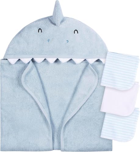 Image of Gerber Baby 4 Piece Animal Character Hooded Towel and Washcloth Set, Blue Shark, One Size (Pack of 12)