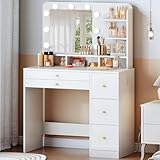 RALGEND Schminktisch mit Spiegel und Beleuchtung, Schminktisch mit Steckdosen, Frisiertisch mit 5 Schubladen, Kosmetiktisch mit 6 offenen Regalen, 3-farbig Verstellbarer Beleuchtung, Weiß