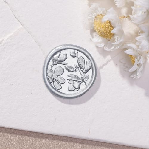 UNIQOOO Wax Seal Stickers - 3D Magnolia Wedding Invitation Envelope Botanical Seal Stickers, 50 Pcs Self- Adhesive Silver Stickers, Perfect for Invitation, Christmas, Gift Wrapping, Party