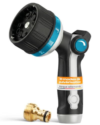 rainfactory Pistola per irrigazione – Pistola irrigazione giardino 10 getti – Pistola da giardino ergonomica in metallo, comando al pollice, corpo in zinco, raccordo in ottone e attacco da 3/4 pollice