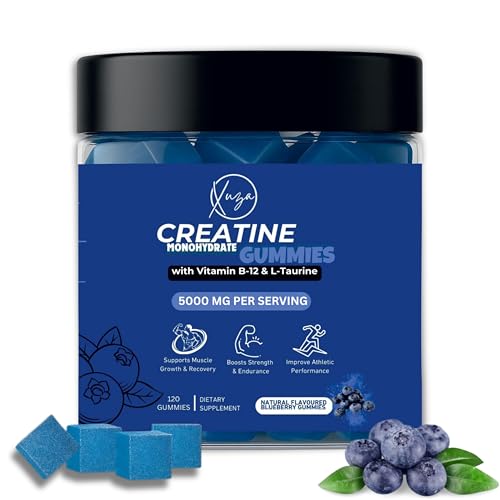 XUZA Creatine Gummies | Creatine Monohydrate with B12 & L-Taurine | Non-GMO, No-Sugar, Vegan, (Blueberry) (120 Count (30 Servings), Blueberry)
