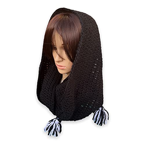 Handmade Wednesday Addams Snood. Black Infinity Scarf with Tassels. Nevermore Cowl. Friendship Snood.