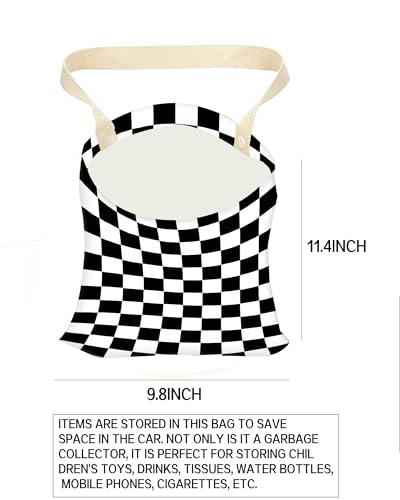 Image of Car Garbage Can, Trash Bag, Hanging Trash Can for Vehicle Accessories, Travelling, Camping, Cute Back Seat Organizer, Classic Black White Plaid
