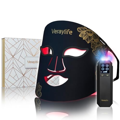 Veraylife Red Light Therapy for Face, LED Facial Mask, Skin Care Light with Near Infrared 850nm & Adjustable Blue Light, Portable Home Device with 7 Colors & 8 Modes, 432 Beads Pro LEDs (Black-F)