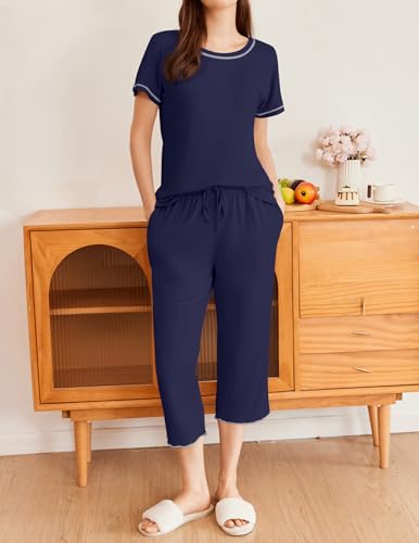 Image of Ekouaer 2 Pack Womens Pajamas Sets Short Sleeve Tops and Capri Pants Pjs Colorful Printed Sleepwear Sets