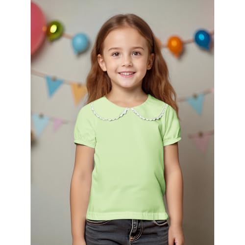 Image of MODNTOGA Kids Baby Girl Long Sleeve Collar Shirt Toddler White Blouse Puff Short Sleeve T-Shirt Solid Color Basic Top Bottom (Green, 2-3 Years(100))