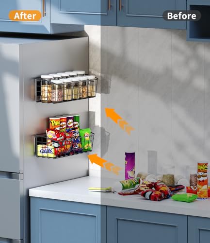 Image of 1Pack Magnetic Shelf for Refrigerator with Removable Hooks(Black) | Strong Magnetic Spice Rack for Kitchen Storage, Fruit Potato Onion Storage Shelves, Large Magnetic Basket Organizer