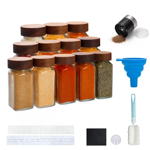 BLUE BAZAAR Glass Spice Jars Set 120ml Clear Kitchen Storage Jars with Airtight Wooden Lids, Glass Spice Jars Funnel & Chalkboard Labels – Seasoning Containers for Herbs & Spices (Wood Lid, 12PCS)