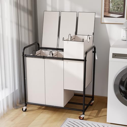 180L Laundry Sorter 3 Section – Heavy Duty Rolling Laundry Basket with Lockable Wheels and Lid, 3 Large Separate Removable Bags, Laundry Hamper Cart for Laundry Room Organizer (White) by YKDIRECT - Used condition - US$32.07